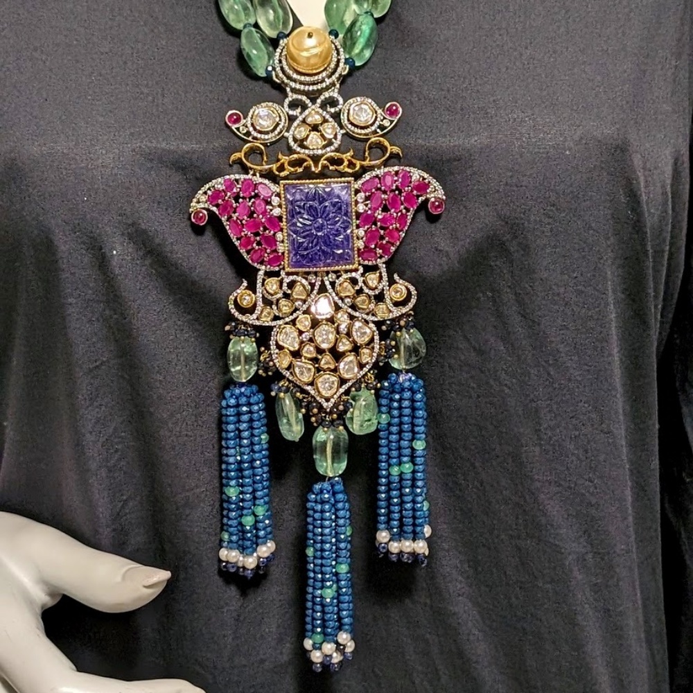 Indian Ethnic Emerald beads necklace with Polki pendant and earrings